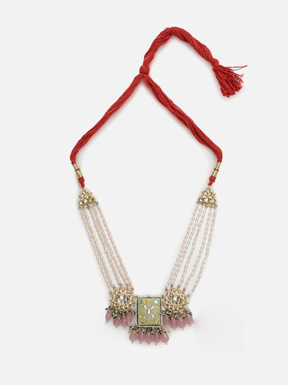 Meenakari Necklace with Pearls String and Adjustable Dori and Circle Shaped Kundan 