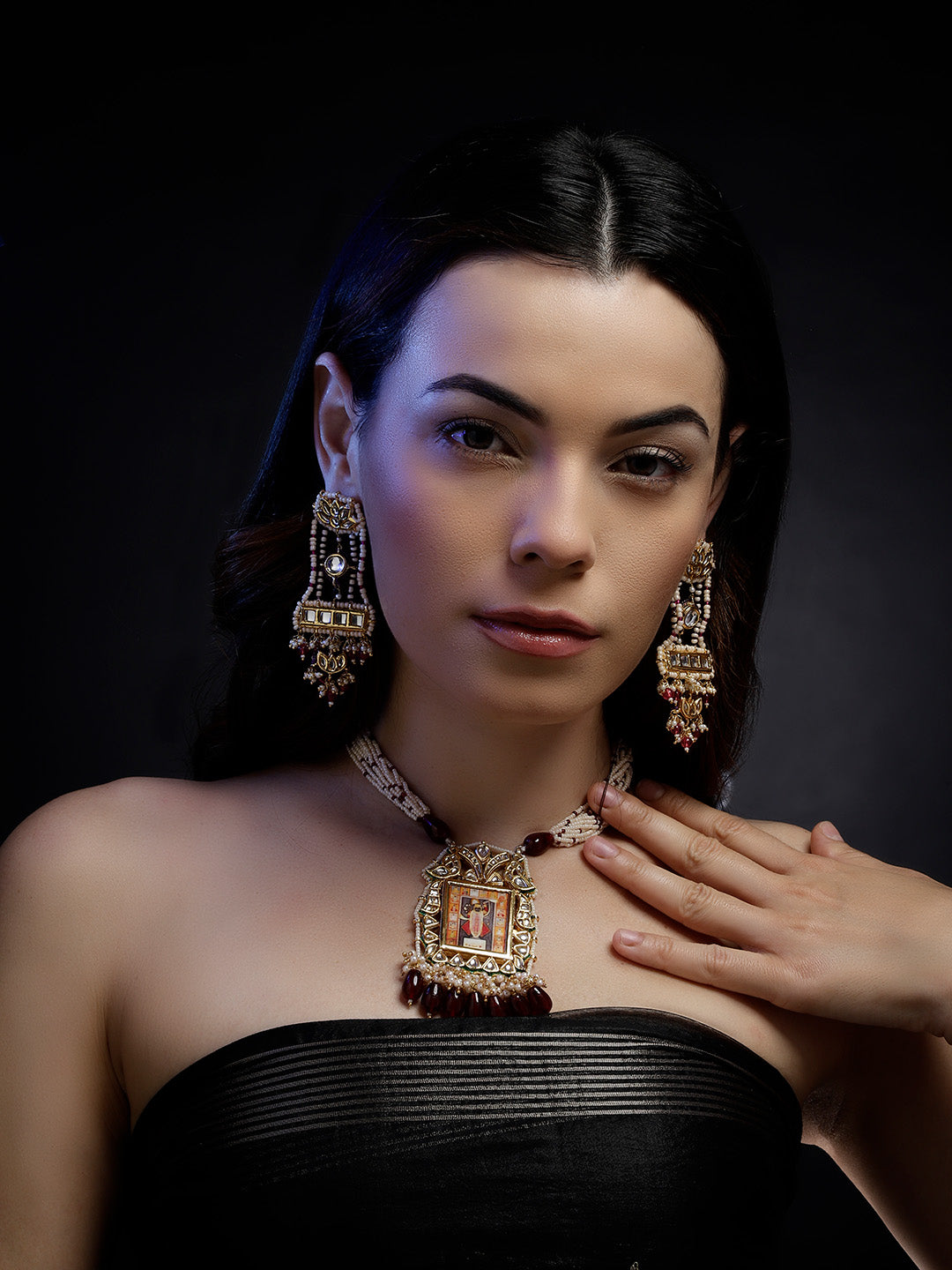 Red and Gold Temple Jewellery Haar Necklace with Pearl Strings and Adjustable Dori from Dugristyle Ruhaniyat By Dugran