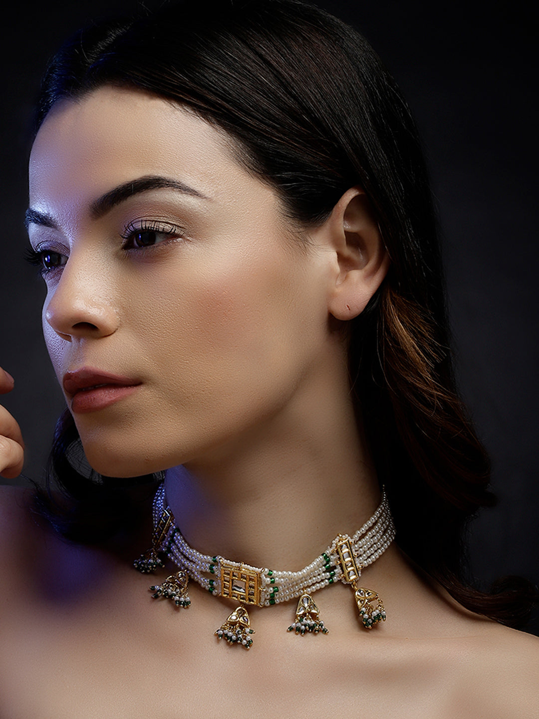 Traditional pearl choker necklace with hanging jhumka drops and green cord._2