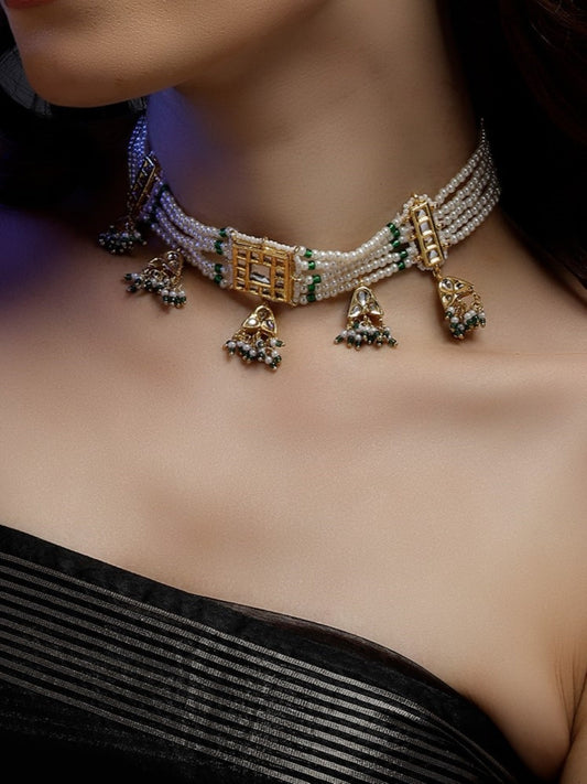 Traditional pearl choker necklace with hanging jhumka drops and green cord._3
