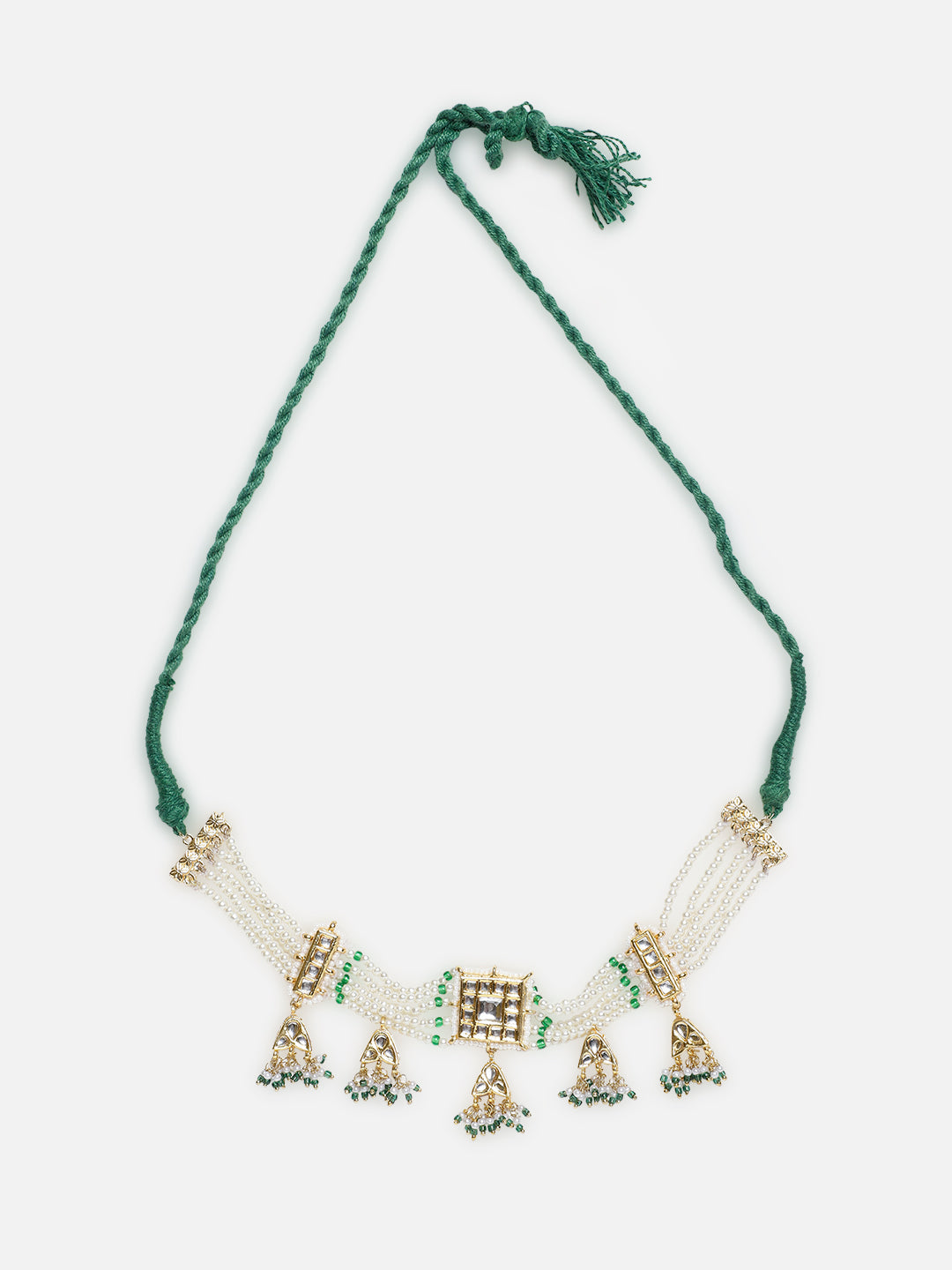 Traditional pearl choker necklace with hanging jhumka drops and green cord._5