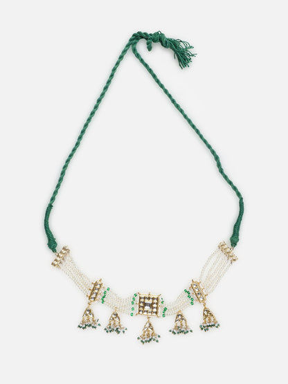 Traditional pearl choker necklace with hanging jhumka drops and green cord._5