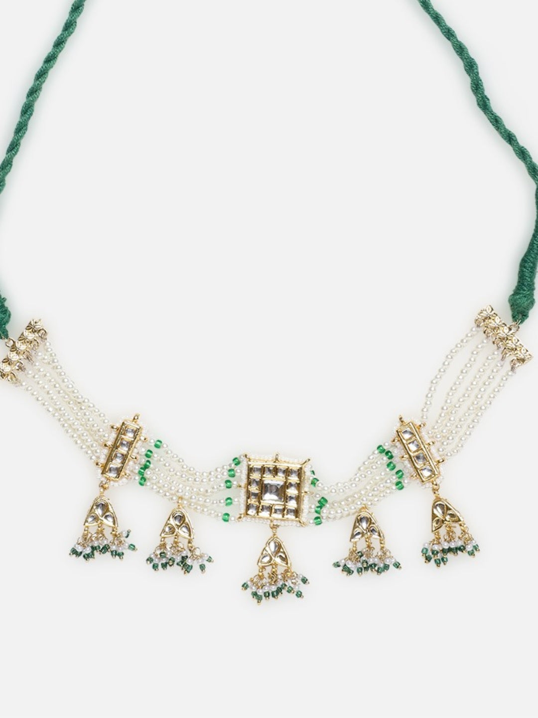 Traditional pearl choker necklace with hanging jhumka drops and green cord._12