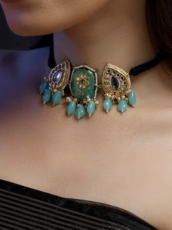 Samandar Hue Haar Blue Meenakari Kundan Drop Haar