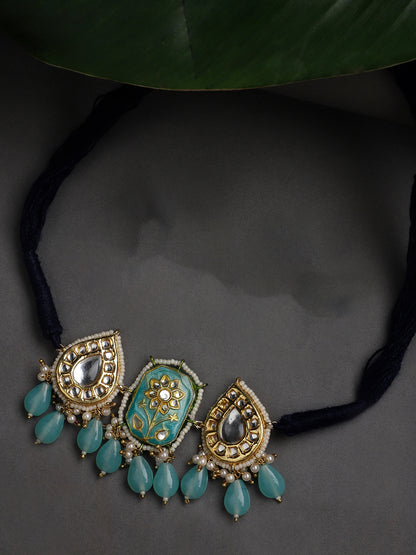 Meenakari Necklace with Adjustable Dori and Drop Shaped Kundan 