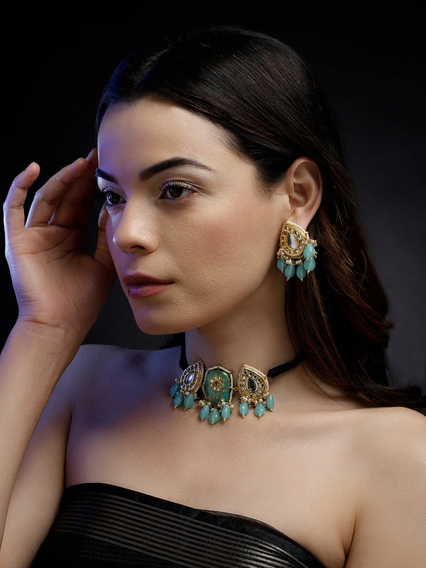 Samandar Hue Haar Blue Meenakari Kundan Drop Haar
