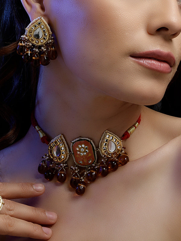 Shafaq Charm Haar Orange Meenakari Kundan Drop Haar