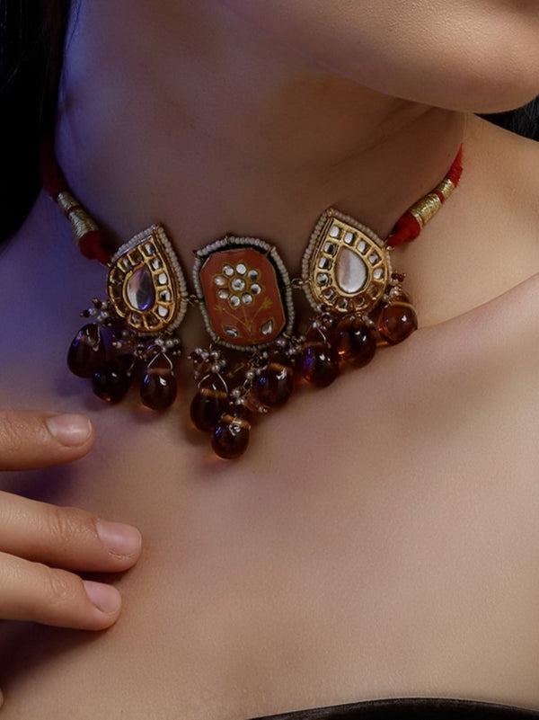 Shafaq Charm Haar Orange Meenakari Kundan Drop Haar