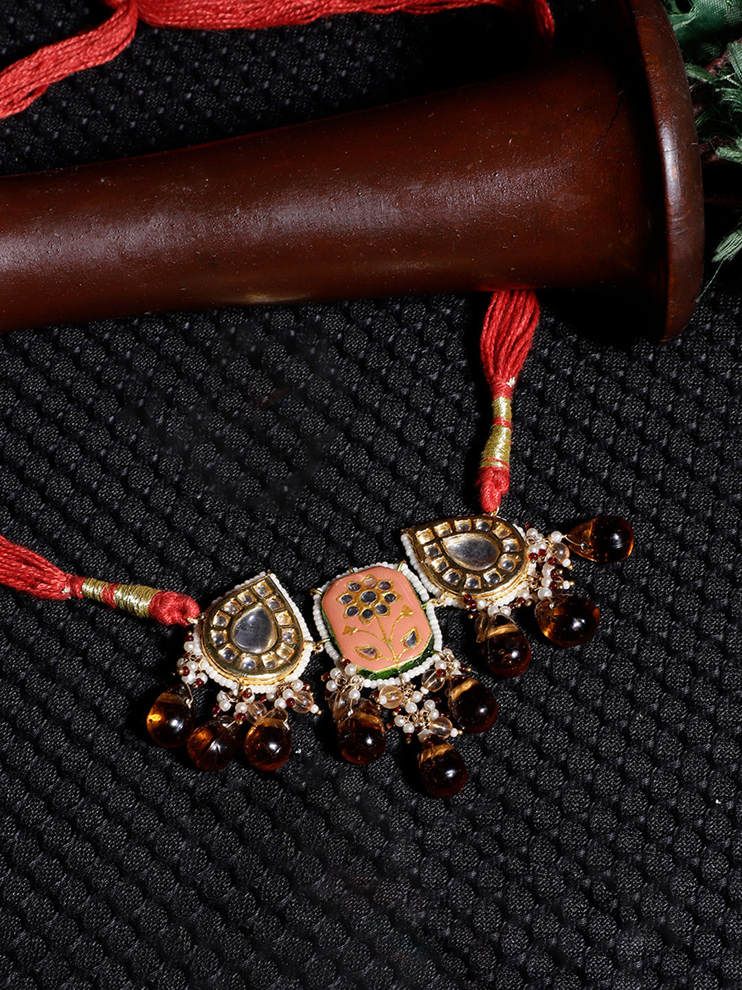 Orange and Red Meenakari Necklace with Adjustable Dori and Drop Shaped Kundan  from Dugristyle Ruhaniyat By Dugran