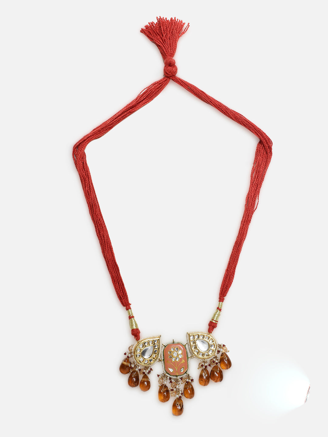 Orange and Red Meenakari Necklace with Adjustable Dori and Drop Shaped Kundan  from Dugristyle Ruhaniyat By Dugran