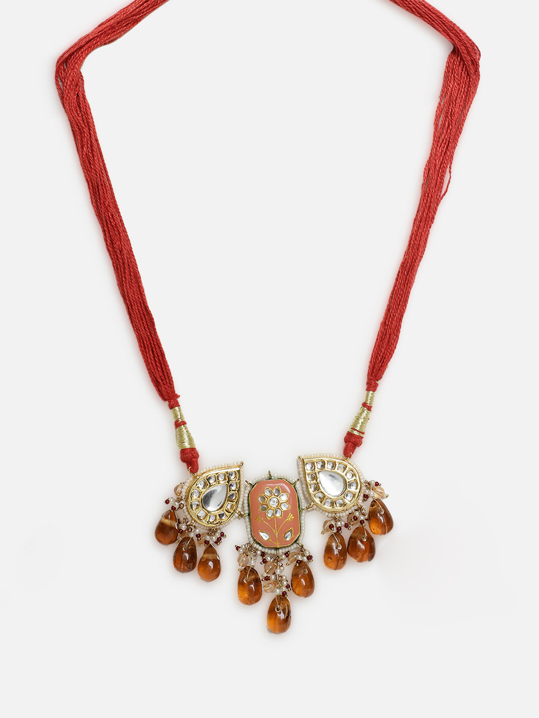 Orange and Red Meenakari Necklace with Adjustable Dori and Drop Shaped Kundan  from Dugristyle Ruhaniyat By Dugran