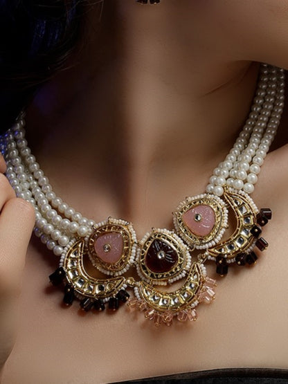 Kundan Necklace with Pearls Strings and Carved Stones
