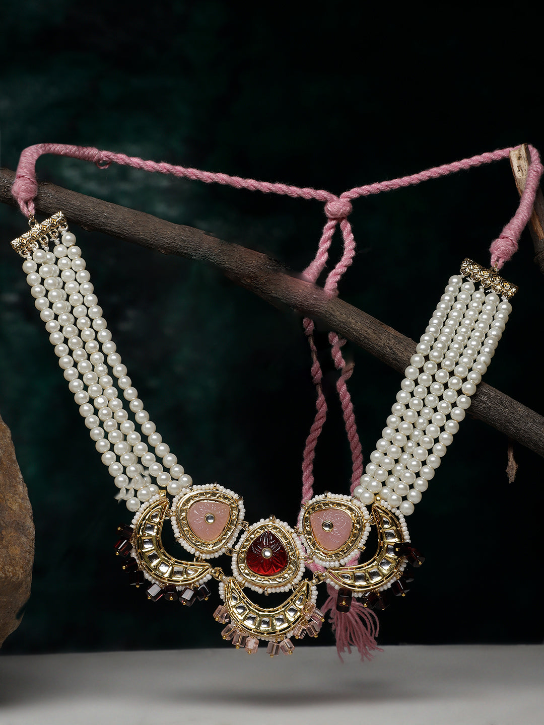 Kundan Necklace with Pearls Strings and Carved Stones