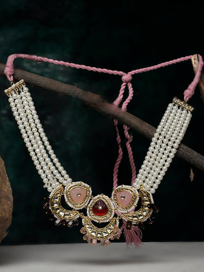 Kundan Necklace with Pearls Strings and Carved Stones
