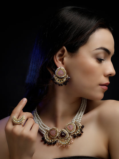 Kundan Necklace with Pearls Strings and Carved Stones