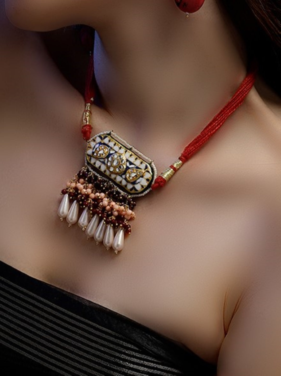 Meenakari Necklace with Adjustable Dori and Multi Color Pearl Hangings