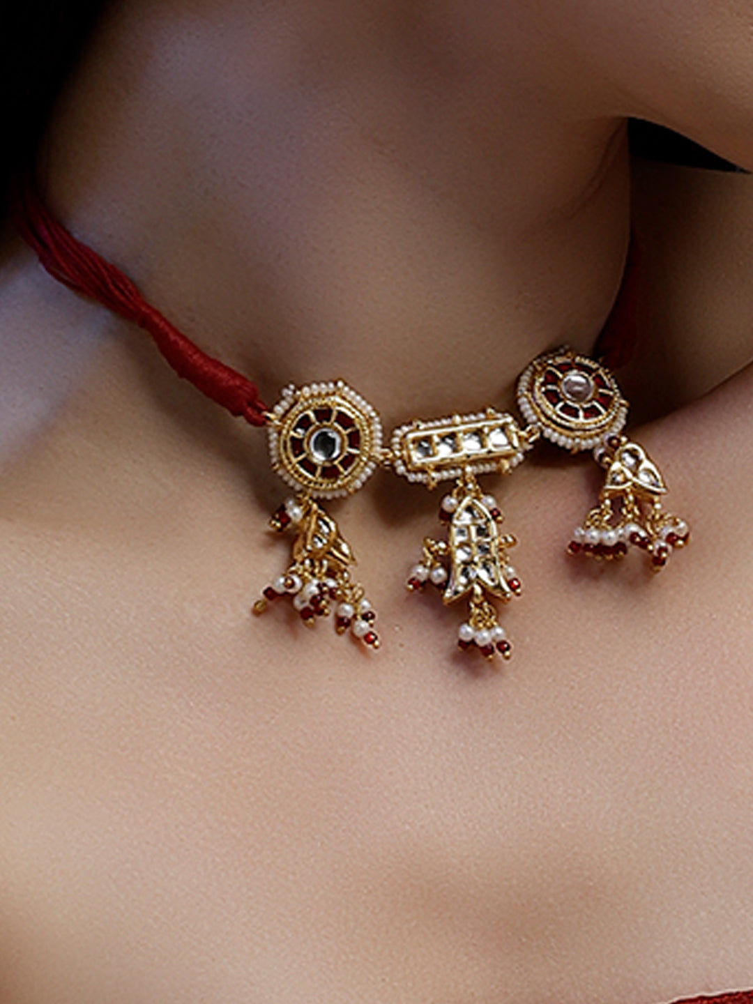 Multi Shaped and Red Colored Kundan Necklace