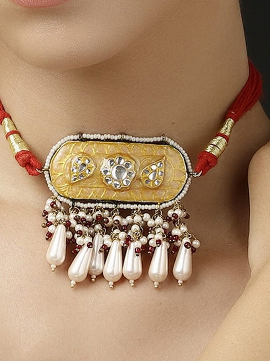 Peach and Red Meenakari Necklace with Adjustable Dori and Multi Color Pearl Hangings from Dugristyle Ruhaniyat By Dugran