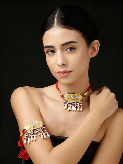 Peach and Red Meenakari Necklace with Adjustable Dori and Multi Color Pearl Hangings from Dugristyle Ruhaniyat By Dugran