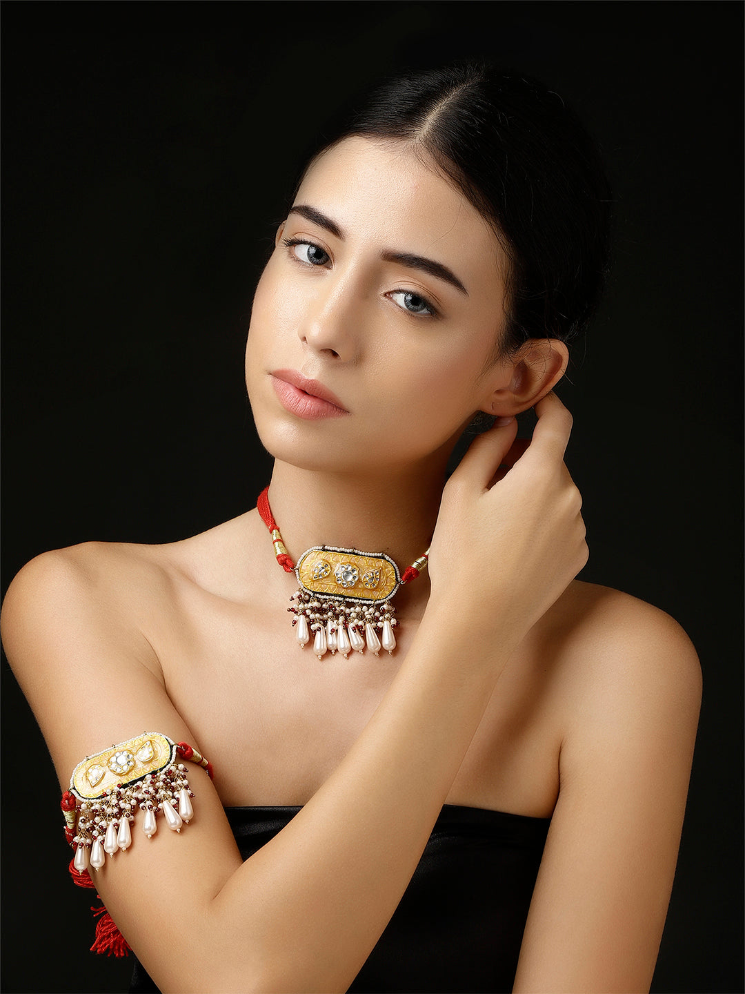 Peach and Red Meenakari Necklace with Adjustable Dori and Multi Color Pearl Hangings from Dugristyle Ruhaniyat By Dugran