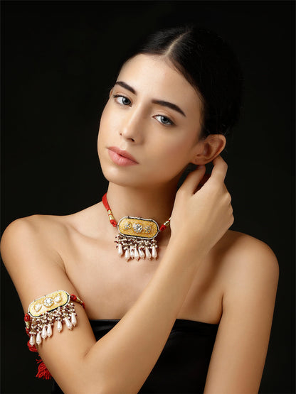 Peach and Red Meenakari Necklace with Adjustable Dori and Multi Color Pearl Hangings from Dugristyle Ruhaniyat By Dugran