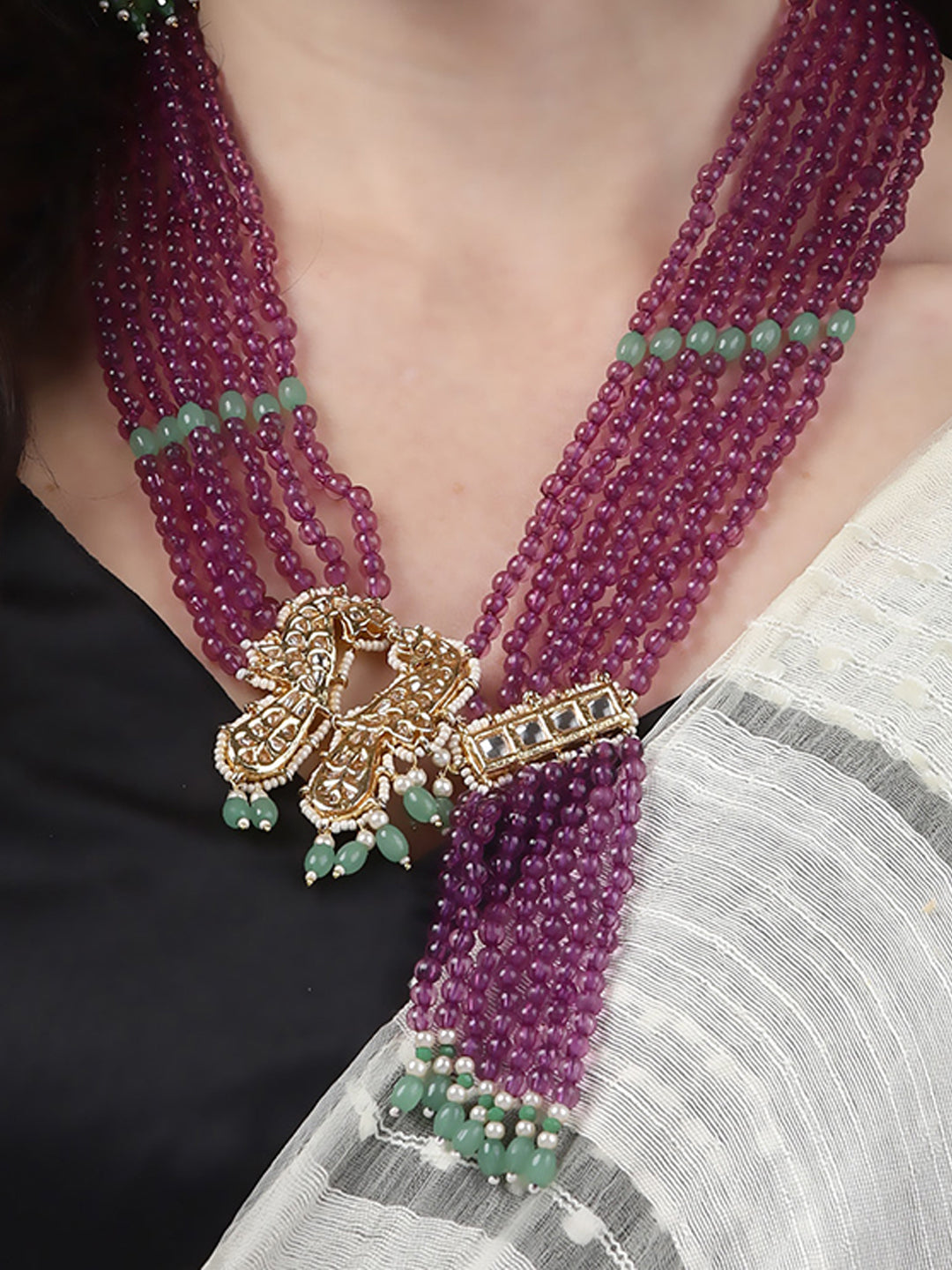 Peacock Bird shaped Kundan Necklace with Pearls Strings