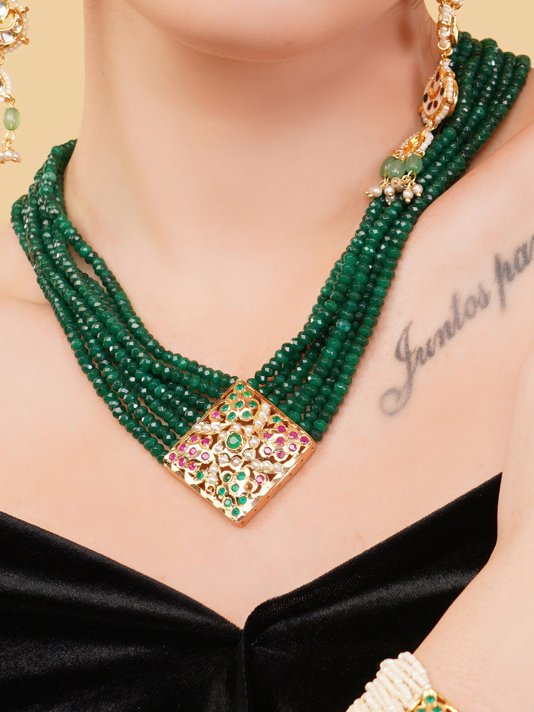 Green and Red Jadau Necklace with open box clasp closure and stone lines  from Dugristyle Ruhaniyat By Dugran