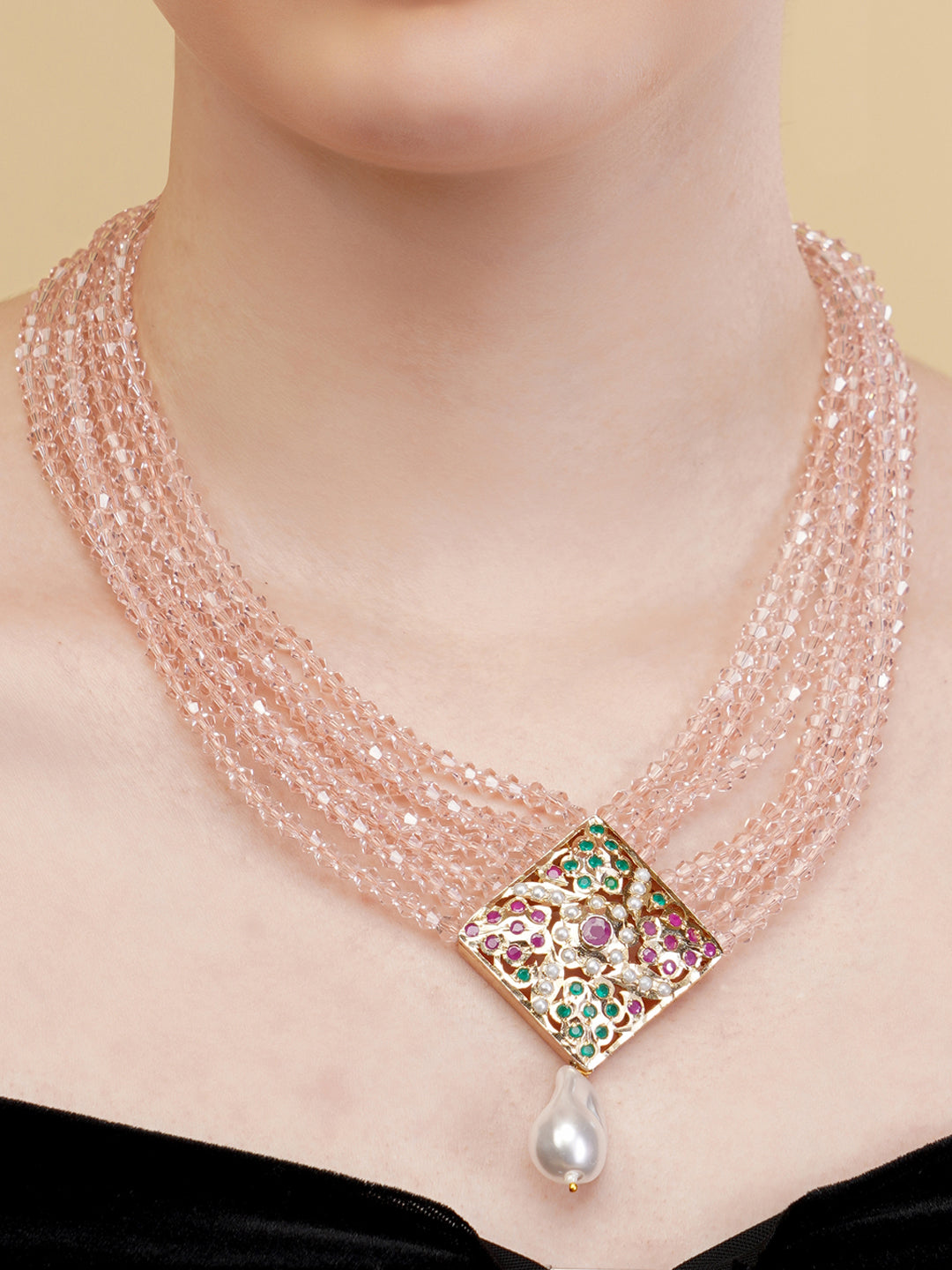 Pink and Red Jadau Necklace with open box clasp closure and stone lines  from Dugristyle Ruhaniyat By Dugran