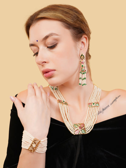 Jadau Necklace with pearls lines and handmade adjustable dori