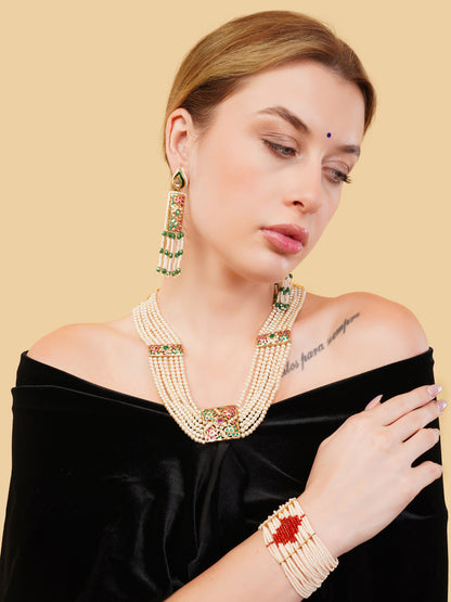 Jadau Necklace with pearls lines and handmade adjustable dori