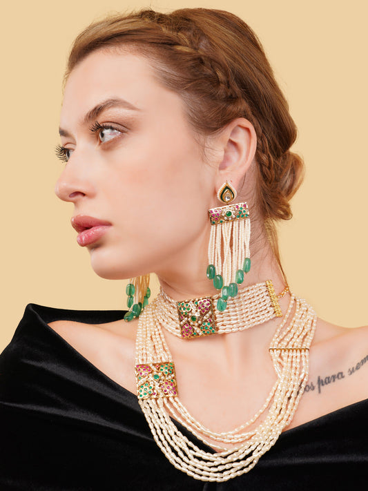 Green and Red Jadau Necklace with pearls lines and handmade adjustable dori from Dugristyle Ruhaniyat By Dugran