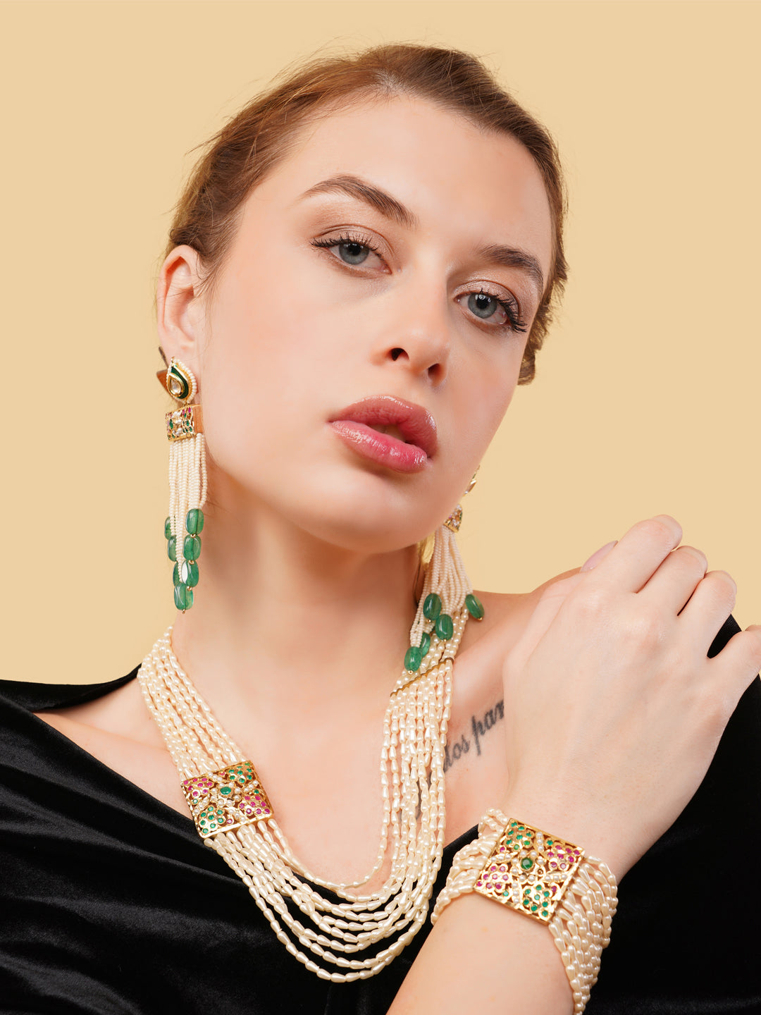 Green and Red Jadau Necklace with pearls lines and handmade adjustable dori from Dugristyle Ruhaniyat By Dugran