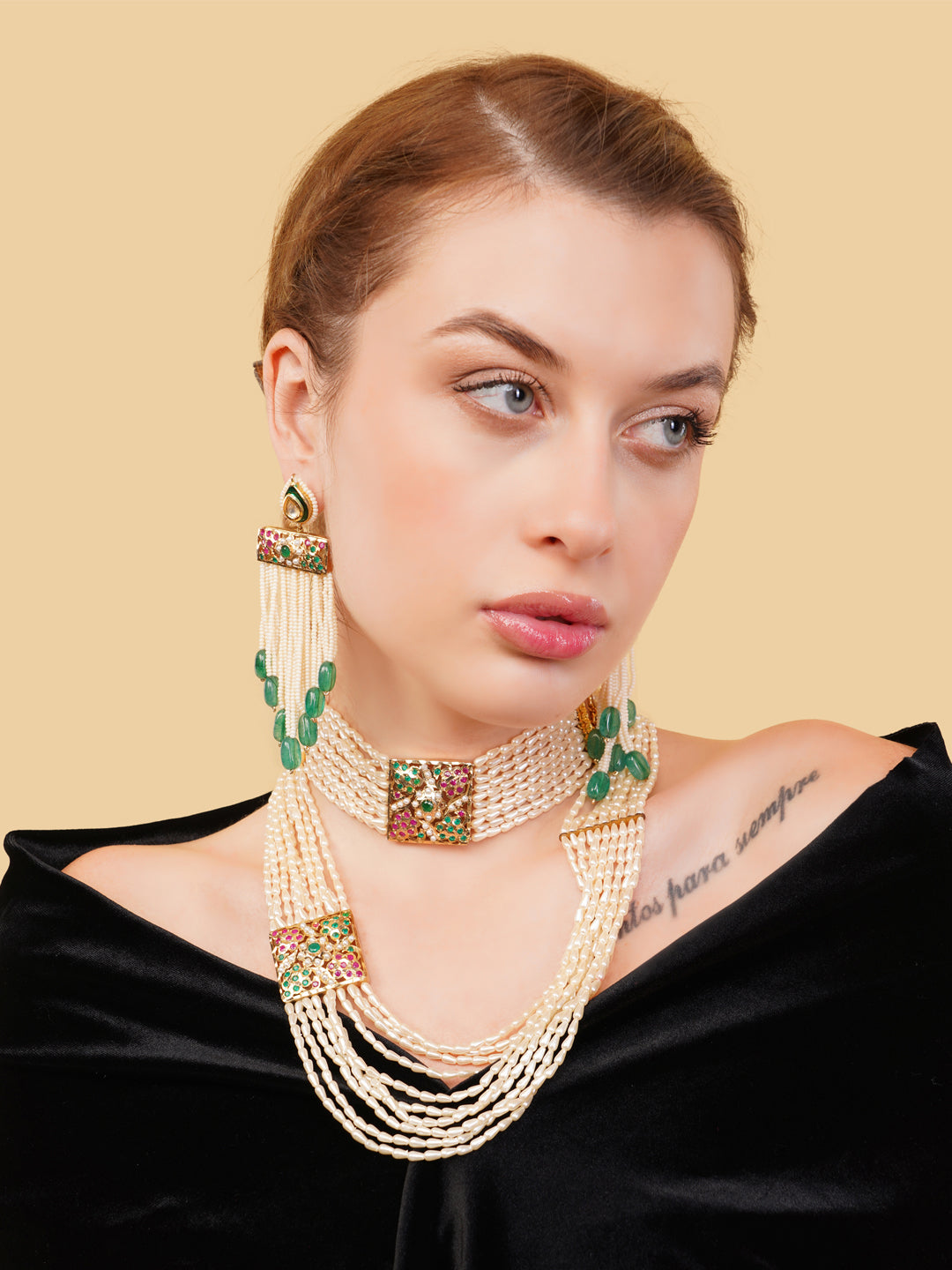 Green and Red Jadau Necklace with pearls lines and handmade adjustable dori from Dugristyle Ruhaniyat By Dugran
