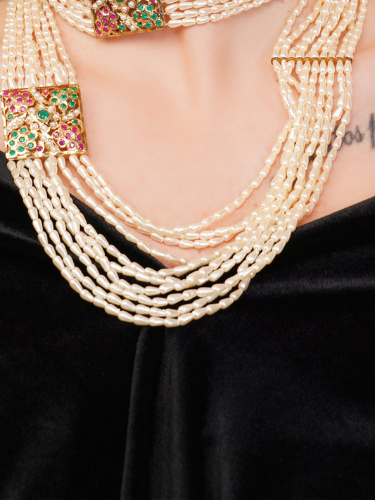 Green and Red Jadau Necklace with pearls lines and handmade adjustable dori from Dugristyle Ruhaniyat By Dugran