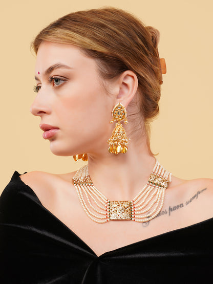 Jadau Necklace with pearls lines and handmade adjustable dori