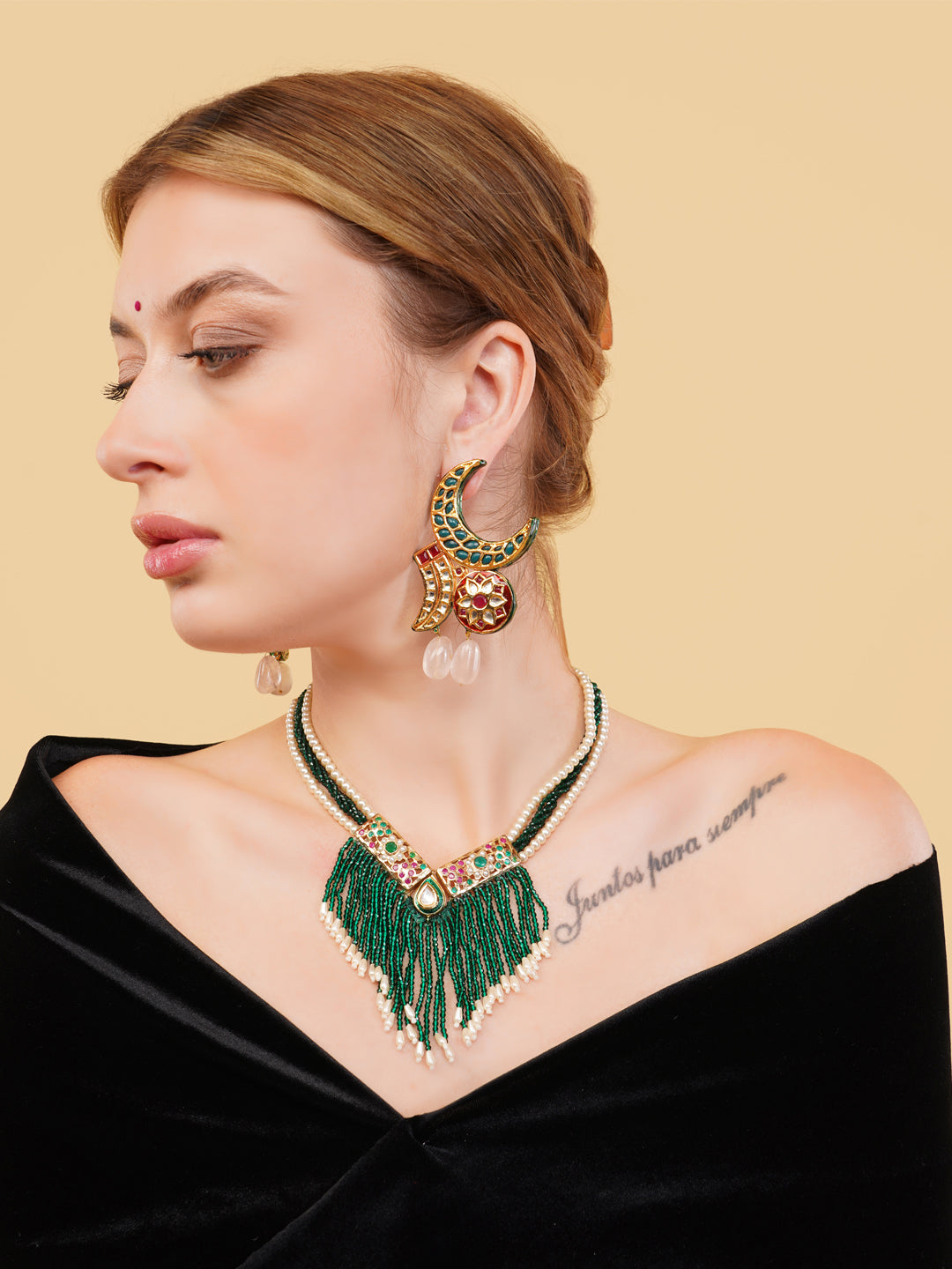 Jadau Necklace with Faux Emerald lines and handmade adjustable dori