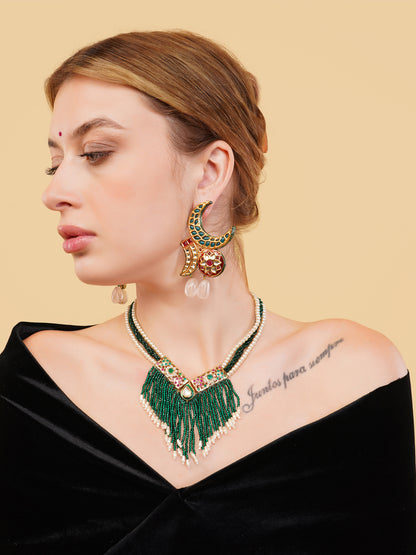 Jadau Necklace with Faux Emerald lines and handmade adjustable dori
