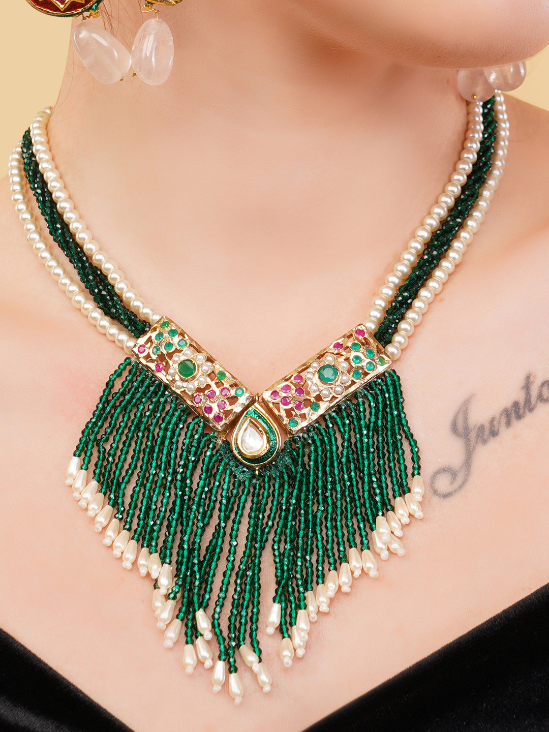 Jadau Necklace with Faux Emerald lines and handmade adjustable dori