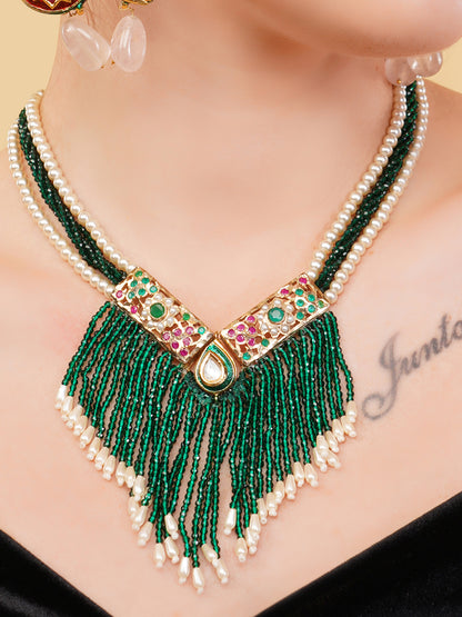 Jadau Necklace with Faux Emerald lines and handmade adjustable dori