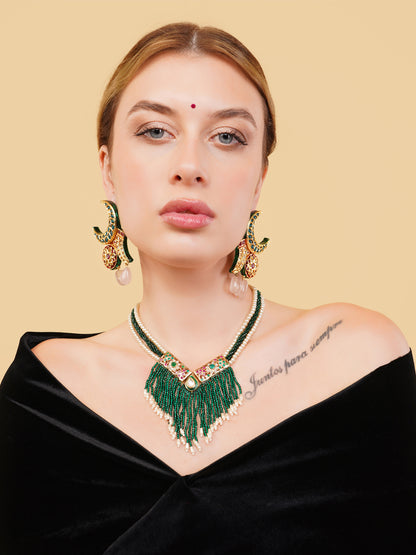 Jadau Necklace with Faux Emerald lines and handmade adjustable dori