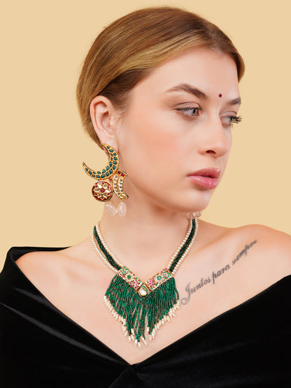 Jadau Necklace with Faux Emerald lines and handmade adjustable dori
