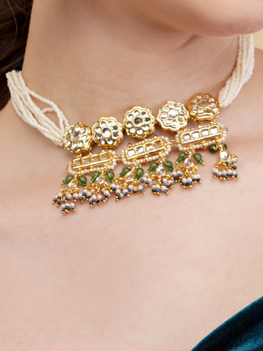 Green and Blue Kundan necklace with pearls lines comlimeted with handmade dori from Dugristyle Ruhaniyat By Dugran