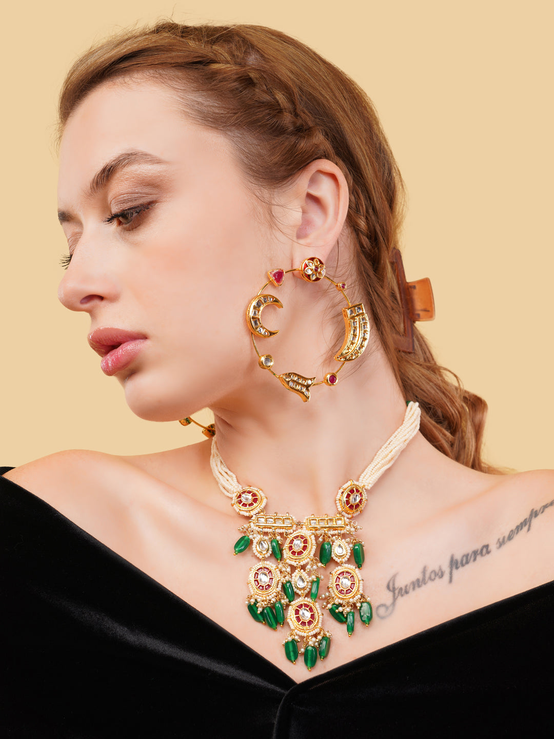 Kundan Necklace with Faux Ruby stones touch and pearls strings used with handmade dori