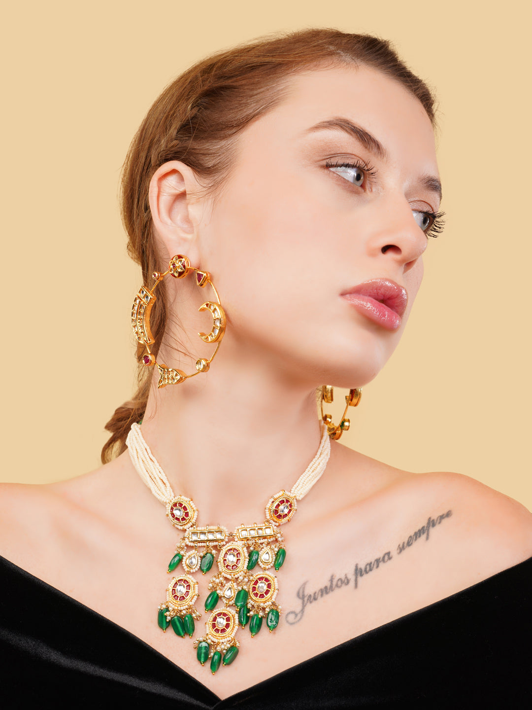 Kundan Necklace with Faux Ruby stones touch and pearls strings used with handmade dori