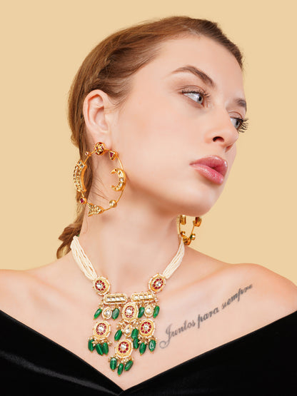 Kundan Necklace with Faux Ruby stones touch and pearls strings used with handmade dori