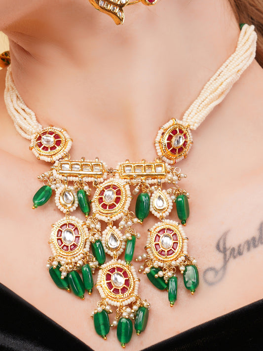 Kundan Necklace with Faux Ruby stones touch and pearls strings used with handmade dori