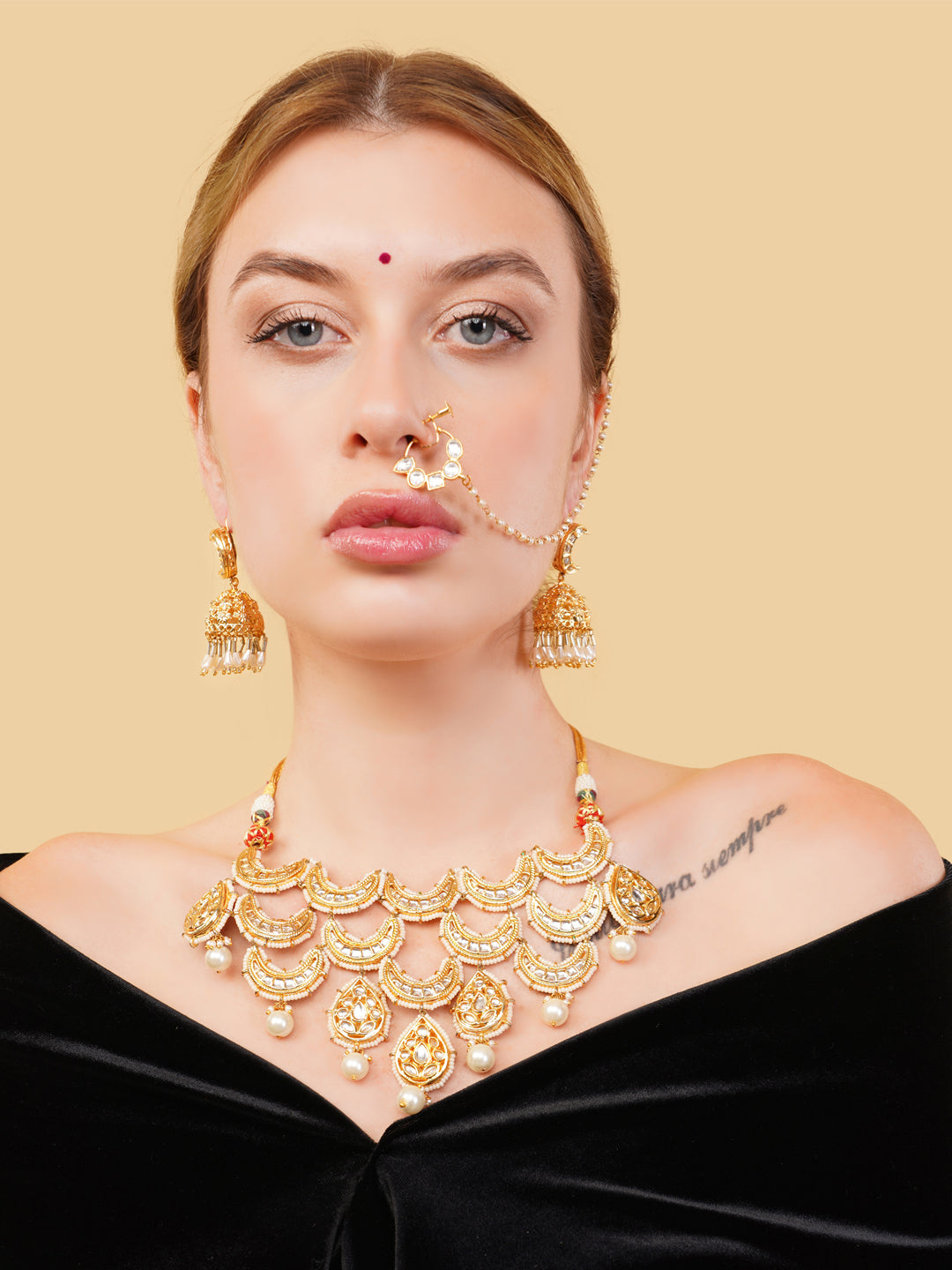Gold and Cream Kundan Necklace with chand shaped tikras brought togather to forma masterpiece from Dugristyle Ruhaniyat By Dugran