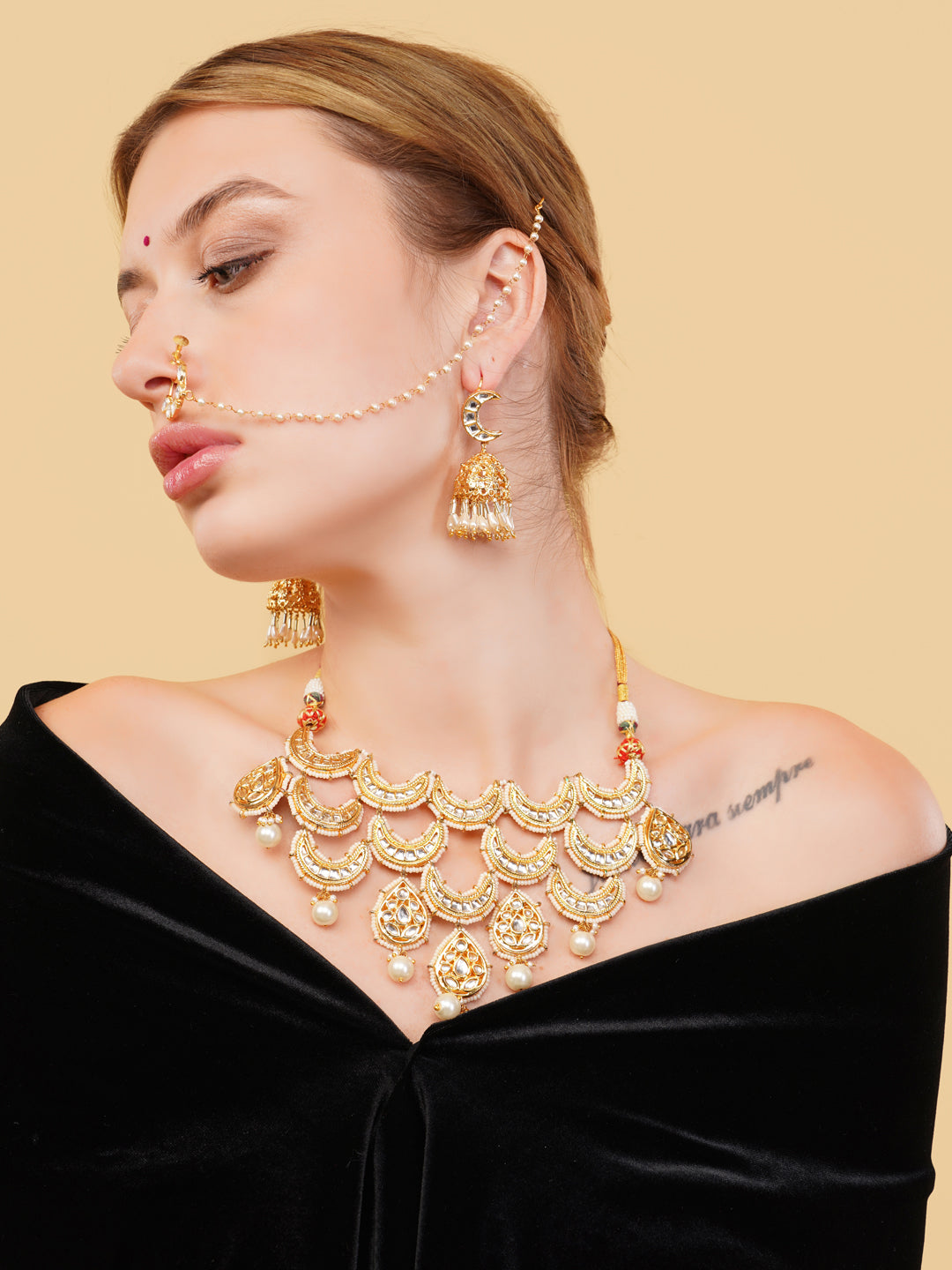 Gold and Cream Kundan Necklace with chand shaped tikras brought togather to forma masterpiece from Dugristyle Ruhaniyat By Dugran