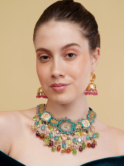 Peacock inspired multi shaped tikra necklace with hangings and handmade dori
