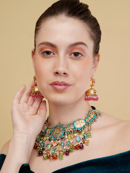 Peacock inspired multi shaped tikra necklace with hangings and handmade dori